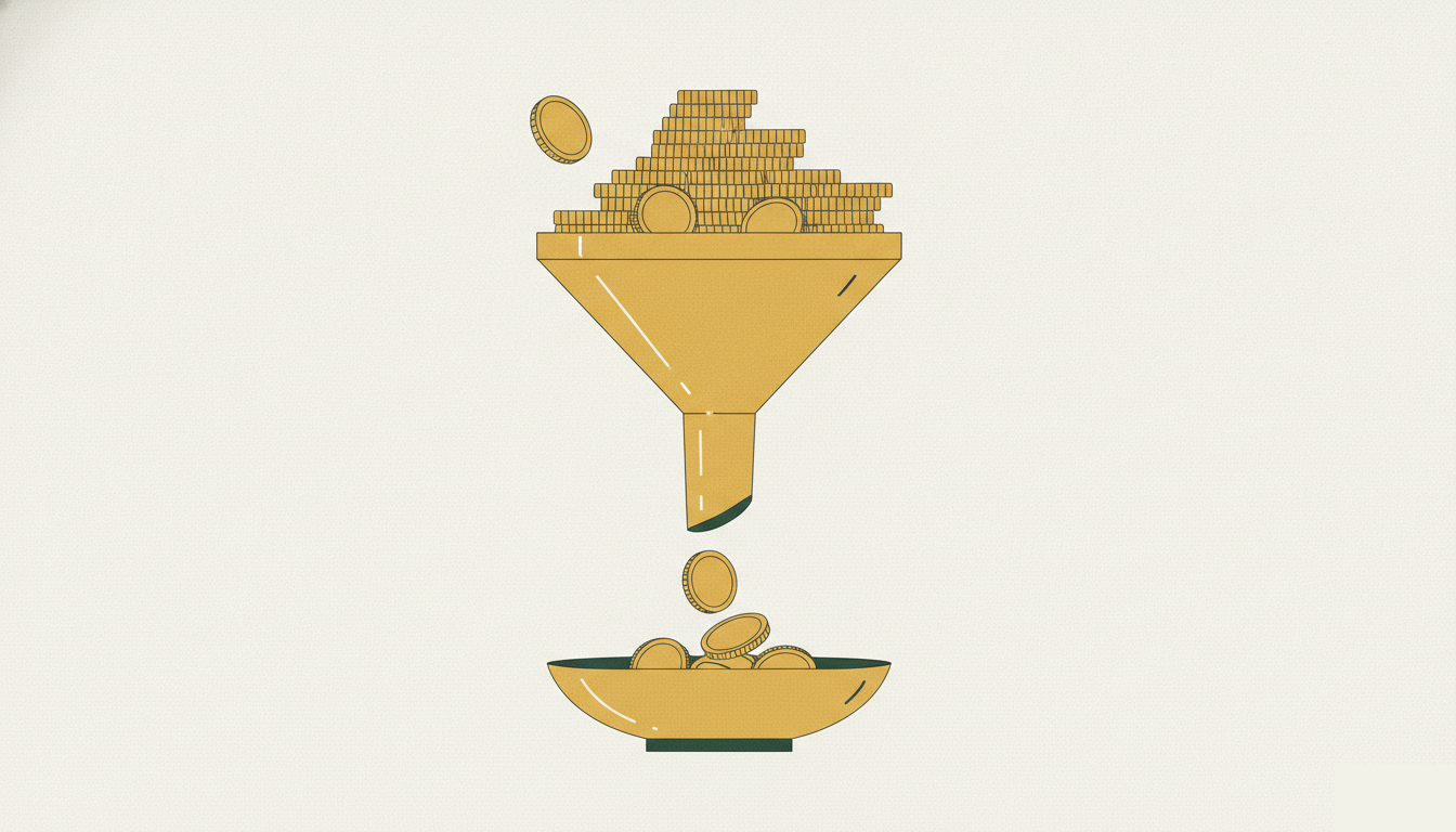 Ilustracao de um funil de moedas: entra o faturamento cheio em cima e sai a margem, o que sobra depois de custos, imposto e taxa